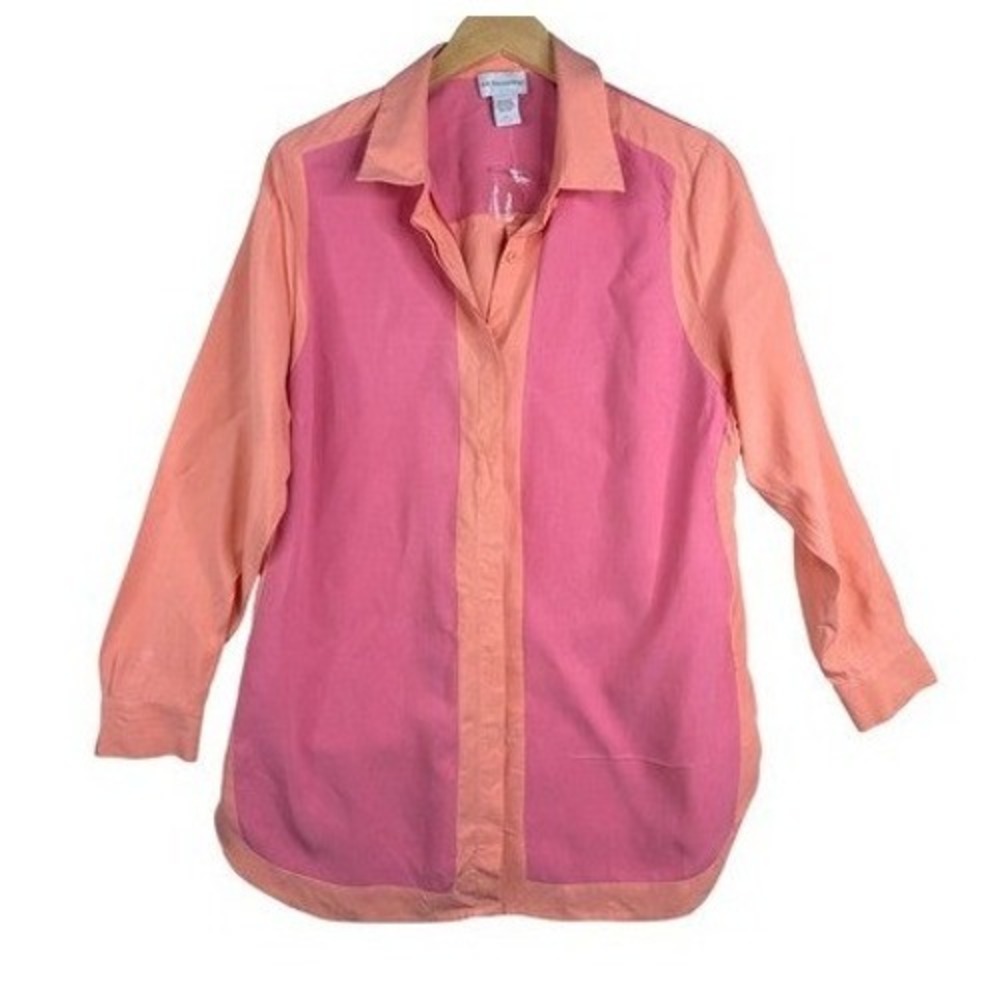 NWT Soft Surroundings Silk Colorblock Long Sleeve Button Down size XL Pink/Orang